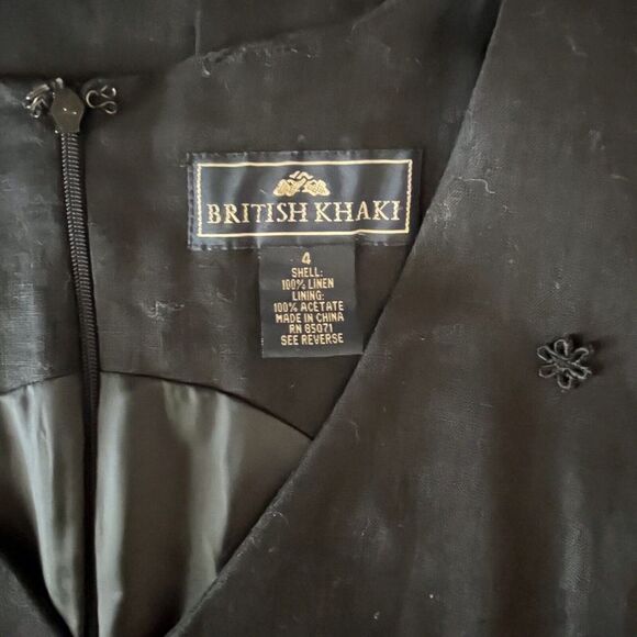 British Khaki Dress Size 4 Black 100% Linen V Neck Lined Knee Length Sheath - Picture 10 of 11